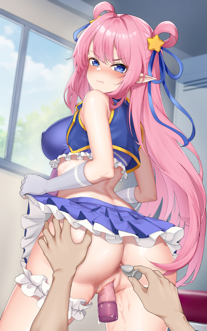1girl 1other angry anus ass bare_shoulders blue_eyes blue_ribbon blue_sky blurry blurry_background blush breasts butt_plug censored censored_anus cheerleader closed_mouth clothes_lift cloud cloudy_sky covered_erect_nipples crop_top cropped_jacket day elbow_gloves fingerless_gloves frilled_skirt frilled_straps frills furrowed_brow gloves grabbing_another&#039;s_ass grey_gloves groping hair_intakes hair_ornament hair_ribbon hair_rings hatsune_(princess_connect!) hatsune_(summer)_(princess_connect!) highres indoors jacket kamikili large_breasts lips locker long_hair looking_at_viewer looking_back mosaic_censoring official_alternate_costume pink_hair pink_lips pleated_skirt pointy_ears pout princess_connect! purple_jacket purple_shirt purple_skirt pussy pussy_juice ribbon sex_toy shirt skirt skirt_lift sky solo_focus star_(symbol) star_hair_ornament thigh_strap thighs tree vaginal vibrator window