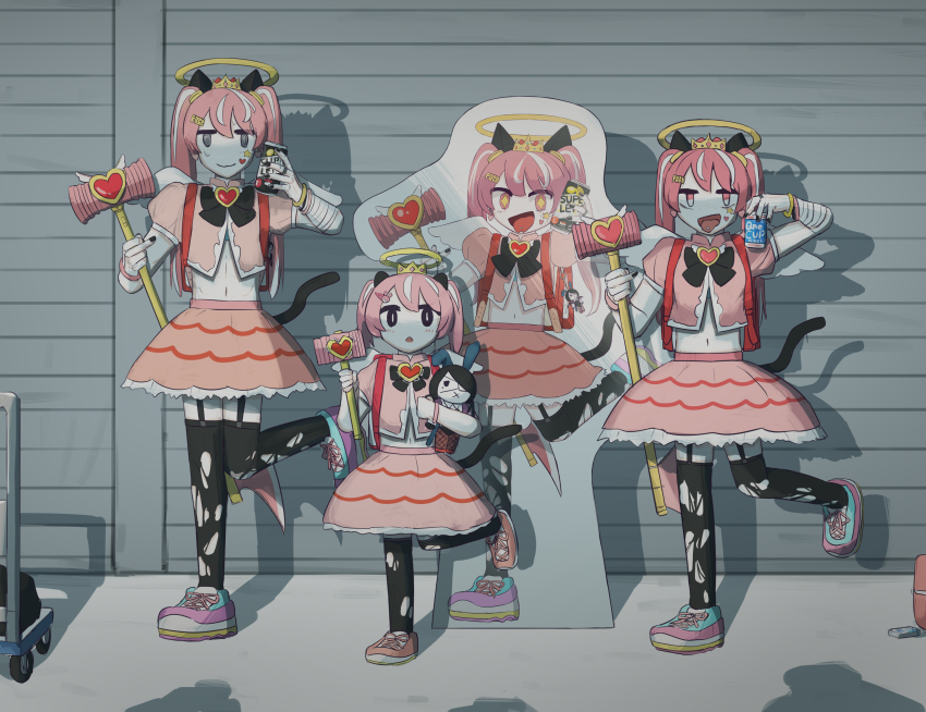+_+ 1boy 1girl 1other :d @_@ abs absurdres alcohol angel_wings animal_ears animal_hair_ornament avogado6 axe backpack bag bandaged_wrist bandages beer_can black_eyes black_nails black_thighhighs blush bracelet brooch can cat_ears cosplay crossdressing crown drink drink_can duct_tape flat_chest freckles frilled_skirt frills garter_belt grey_eyes hair_ornament hairclip halo heart heart_brooch height_difference highres holding holding_axe holding_can holding_drink holding_mallet holding_stuffed_toy jewelry kawaii_girl_(avogado6) leg_up magical_girl mallet middle_finger midriff mini_crown multicolored_hair multicolored_shoes navel nervous nervous_smile open_mouth original parody piercing pink_eyes pink_hair pink_shoes pink_skirt pink_theme profanity rabbit_hair_ornament randoseru red_bag satire shoes skirt smile sneakers solo staff standing standing_on_one_leg star_(symbol) sticker_on_face streaked_hair stuffed_toy sweatdrop thighhighs tongue tongue_out tongue_piercing torn_clothes torn_thighhighs toy toy_hammer triangle_mouth twintails wavy_mouth wig wings