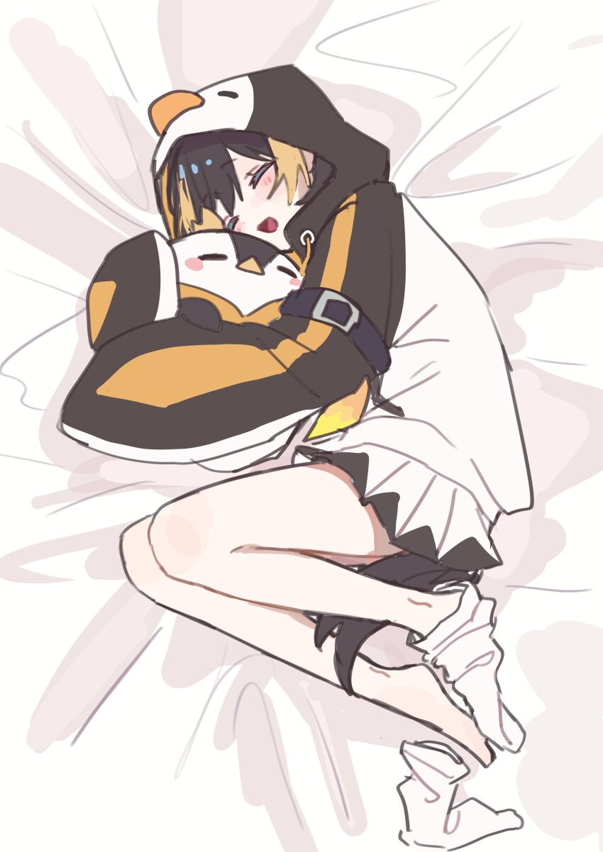 1girl :d absurdres animal_hood bare_legs black_hair black_hoodie blonde_hair closed_eyes failure_penguin highres hood hoodie hug lying miritenoru multicolored_hair necktie nijisanji nijisanji_en on_bed open_mouth penguin_hood penguin_tail pentomo_(petra_gurin) petra_gurin petra_gurin_(1st_costume) skirt smile socks streaked_hair tail two-tone_hoodie virtual_youtuber white_socks yellow_necktie