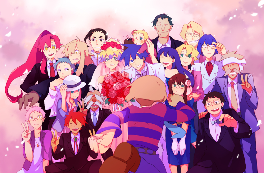 00s 6+boys 6+girls anne_(ttgl) attenborough_cortitch boota_(ttgl) cybela_kuto darry_adai dress everyone flower gabal_docker gimmy_adai guinble happy highres kinon_bachika kiyal_bachika kiyoh_bachika leeron_littner leite_jokin luo_zi multiple_boys multiple_girls nia_teppelin old_coco raku_ji rose rosses rossiu_adai simon_(ttgl) tengen_toppa_gurren_lagann tetsukan viral_(ttgl) wedding wedding_dress yoko_littner