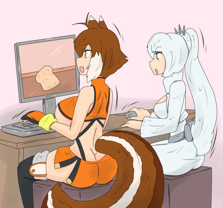 2girls animal_ears blazblue blazblue:_cross_tag_battle blue_eyes bread breasts brown_hair butt_crack computer food gameplay highres i_am_bread large_breasts makoto_nanaya multiple_girls pc_engine rwby scar squirrel_ears squirrel_girl squirrel_tail tail tikoriko underboob weiss_schnee white_hair