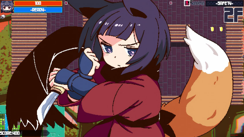1girl animal_ears artist_name blue_eyes fox_ears fox_tail highres holding holding_weapon japanese_clothes kimono long_sleeves mawaru_(mawaru) ninja original outdoors purple_hair short_hair subtitled tail weapon
