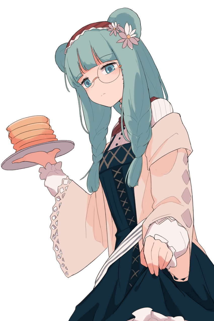 1girl absurdres animal_ears arknights bear_ears bear_girl blue_eyes blue_hair blush brown_cardigan cardigan clothes_lift coldcat. dress dress_lift flower food green_dress hair_flower hair_ornament highres holding holding_plate istina_(arknights) istina_(bibliosmia)_(arknights) long_hair long_sleeves monocle off_shoulder open_cardigan open_clothes pancake pancake_stack plate simple_background solo white_background white_flower