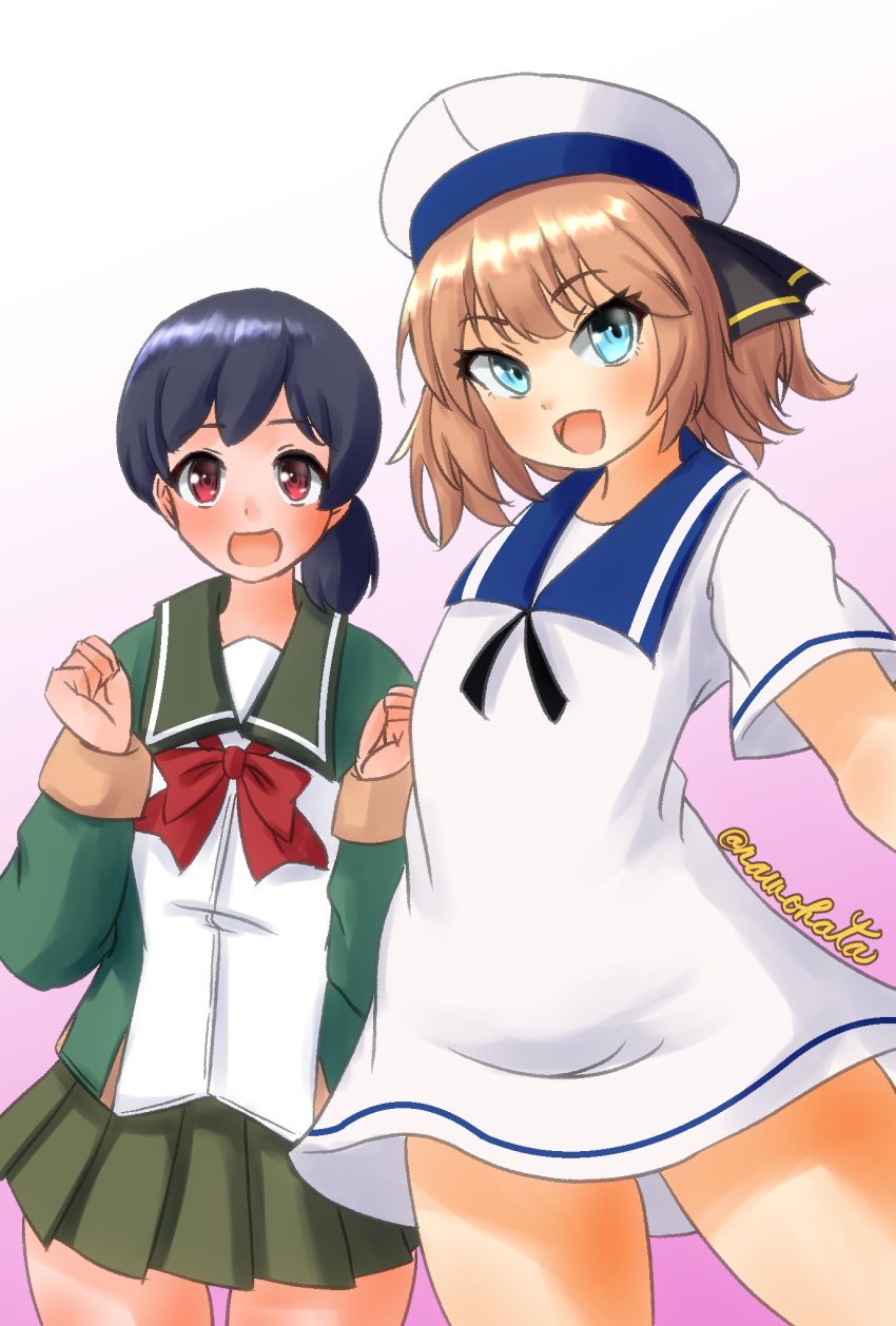 2girls black_hair black_ribbon blue_eyes blue_sailor_collar bow bowtie brown_hair cosplay costume_switch cowboy_shot dress green_jacket green_sailor_collar green_skirt hachijou_(kancolle) hachijou_(kancolle)_(cosplay) hair_ribbon hat hiburi_(kancolle) hiburi_(kancolle)_(cosplay) highres jacket kantai_collection long_sleeves low_ponytail multiple_girls nawohata neck_ribbon one-hour_drawing_challenge ponytail red_bow red_bowtie red_eyes ribbon sailor_collar sailor_dress sailor_hat short_hair short_ponytail short_sleeves skirt smile standing white_dress white_hat