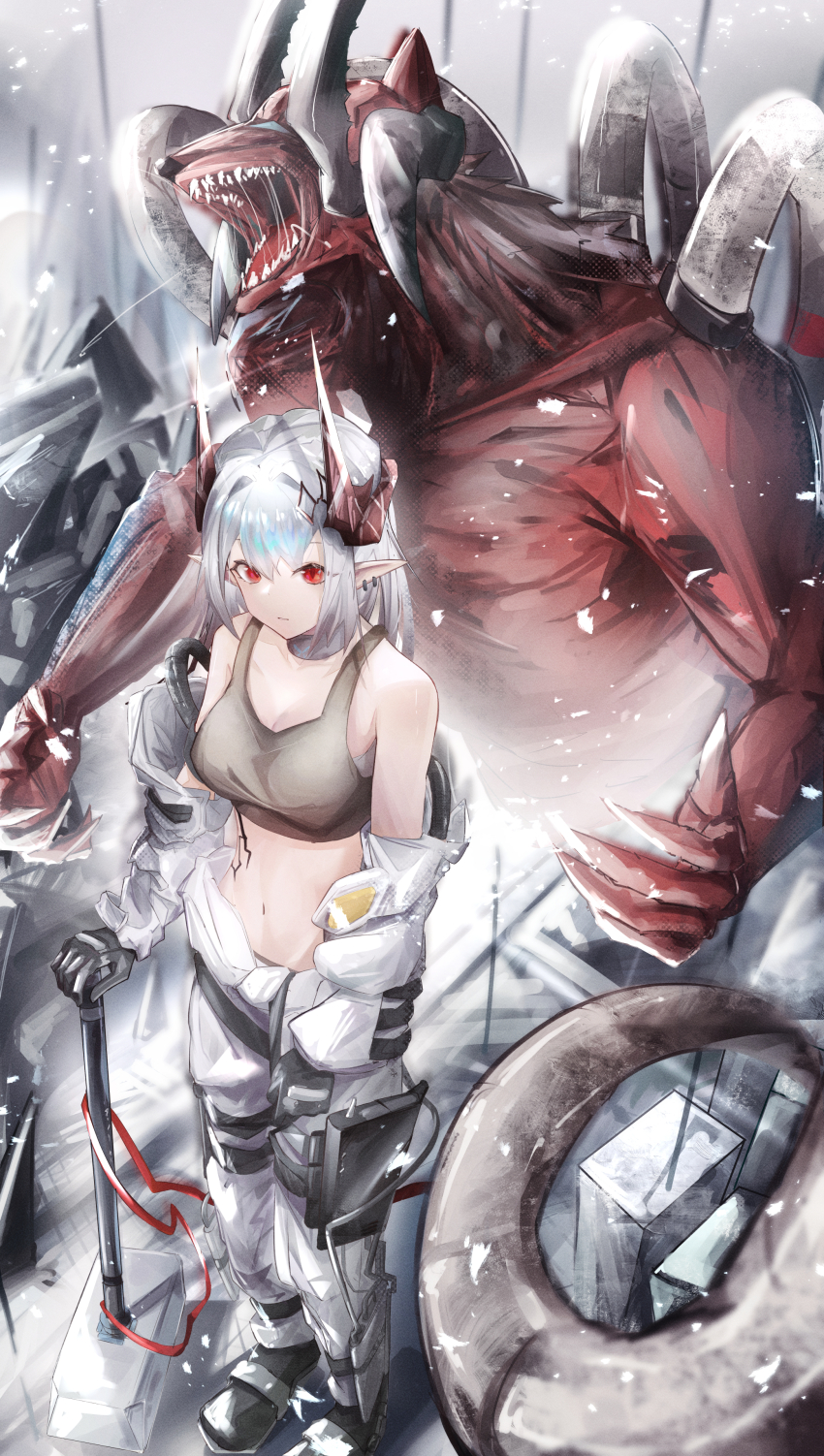 1girl absurdres arknights bare_shoulders black_gloves black_sports_bra breasts brown_horns crop_top demon ear_piercing gloves hair_between_eyes hammer highres horns infection_monitor_(arknights) jumpsuit long_hair long_sleeves looking_at_viewer material_growth medium_breasts monster mudrock_(arknights) mudrock_(elite_ii)_(arknights) navel off_shoulder oripathy_lesion_(arknights) parted_lips piercing pointy_ears red_eyes sledgehammer sleeveless solo sports_bra standing tree_0404 weapon white_hair white_jumpsuit