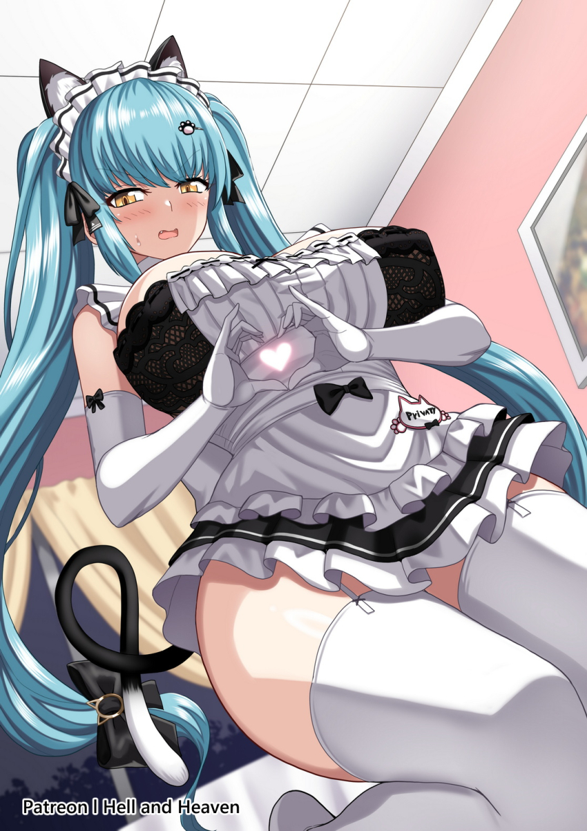 1girl animal_ears apron aqua_hair black_dress blush breasts cat_ears cat_tail dress elbow_gloves fake_animal_ears fake_tail garter_straps gloves goddess_of_victory:_nikke heart heart_hands hellandheaven highres indoors large_breasts long_hair looking_at_viewer maid maid_apron maid_headdress official_alternate_costume open_mouth privaty_(nikke) privaty_(unkind_maid)_(nikke) seiza sitting solo tail thighhighs twintails very_long_hair white_apron white_garter_straps white_gloves white_thighhighs yellow_eyes