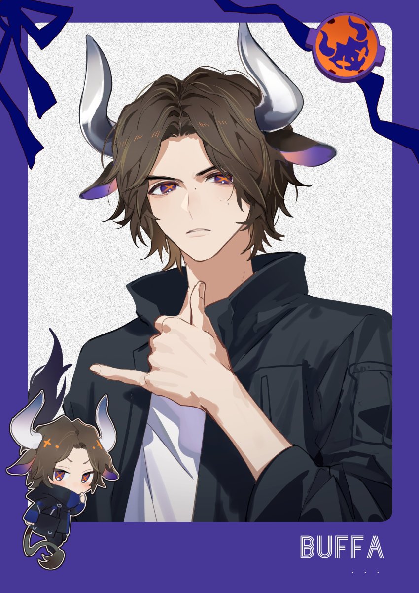 1boy absurdres animal_ears azuma_michinaga black_jacket black_pants border brown_hair character_name chibi chibi_inset cow_boy cow_ears cow_tail desire_grand_prix_uniform doran_(doran7280) fox hand_gesture highres id_core jacket kamen_rider kamen_rider_buffa kamen_rider_geats_(series) long_jacket male_focus pants pinky_out purple_border purple_eyes shaka_sign shirt tail upper_body white_shirt