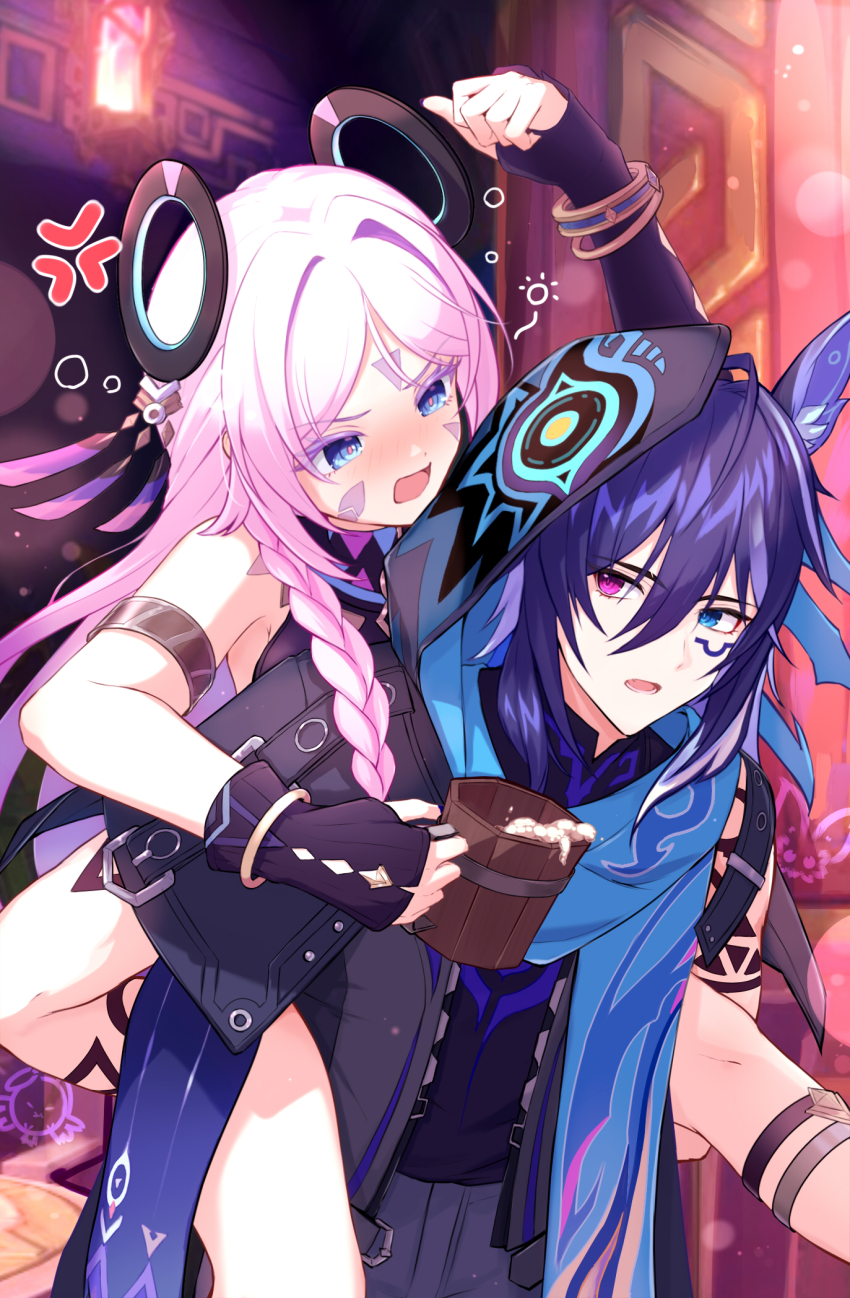 1boy 1girl ahoge anger_vein animal_ear_fluff animal_ears arm_tattoo asymmetrical_gloves bare_shoulders black_gloves black_jacket black_shirt blue_eyes blue_scarf body_markings bracelet carrying citlali_(genshin_impact) facial_mark feather_hair_ornament feathers fingerless_gloves floating_headgear forehead_mark genshin_impact gloves gold_bracelet grandmother_and_grandson grey_pants hair_between_eyes hair_intakes hair_ornament hand_up heterochromia highres hood hood_up jacket jewelry looking_at_another lower_teeth_only mark_under_eye open_clothes open_jacket open_mouth ororon_(genshin_impact) pants parted_bangs piggyback pink_hair pink_pupils purple_eyes scarf seitokai_satoo-sgr shirt shoulder_tattoo tankard tattoo teeth triangle triangle_facial_mark