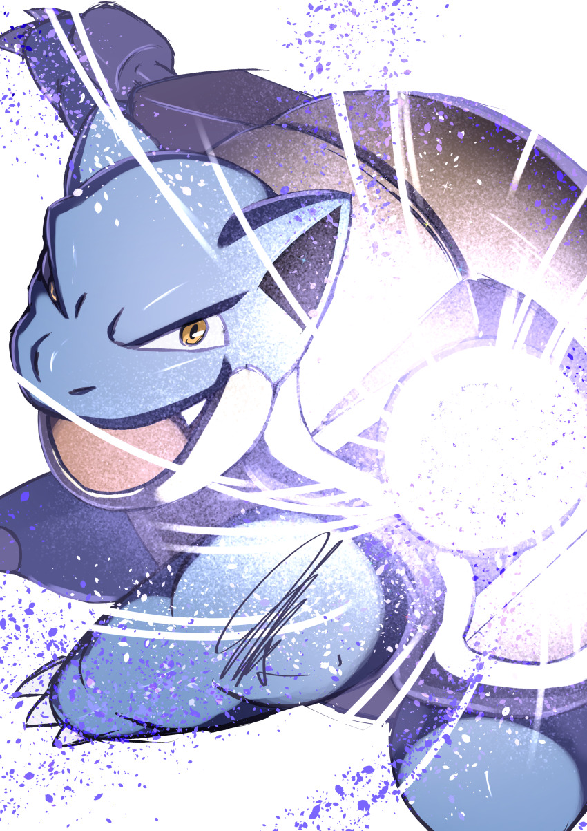 absurdres attack blastoise claws colored_skin debris energy_blast fang from_above furrowed_brow game_freak gen_1_pokemon glowing highres incoming_attack light_particles light_rays mitsukuma448 motion_lines narrowed_eyes nintendo open_mouth orange_eyes pokemon pokemon_(creature) shell shockwave signature simple_background solo tongue tortoise turtle white_background white_skin