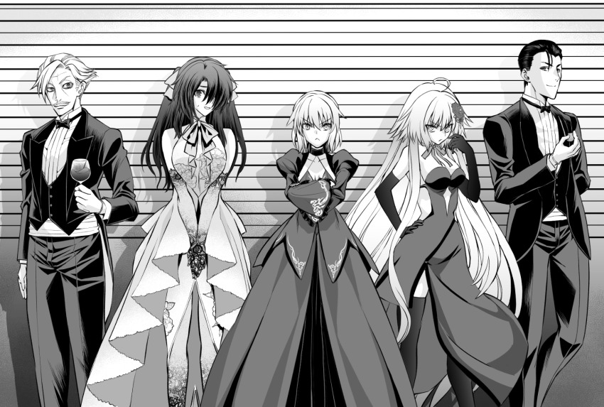 2girls 3boys artoria_pendragon_(fate) bow bowtie breast_padding breasts choker cleavage commentary_request crossdressing cup dress elbow_gloves facial_hair fate/grand_order fate_(series) frown fujimaru_ritsuka_(male) glass gloves greyscale hair_over_one_eye hand_on_own_hip height_mark highres holding holding_cup james_moriarty_(archer)_(fate) jeanne_d&#039;arc_alter_(avenger)_(fate) jeanne_d&#039;arc_alter_(fate) jeanne_d&#039;arc_alter_(holy_night_supper)_(fate) jeanne_d&#039;arc_alter_(violette_vengeur)_(fate) juliet_sleeves long_dress long_hair long_sleeves mature_male medium_breasts monochrome multiple_boys multiple_girls mustache puffy_sleeves saber_alter saber_alter_(third_ascension) sasaki_shounen sherlock_holmes_(fate) shinjuku_(fate/grand_order) small_breasts sweatdrop traditional_bowtie trap tuxedo two_side_up v-shaped_eyebrows very_long_hair