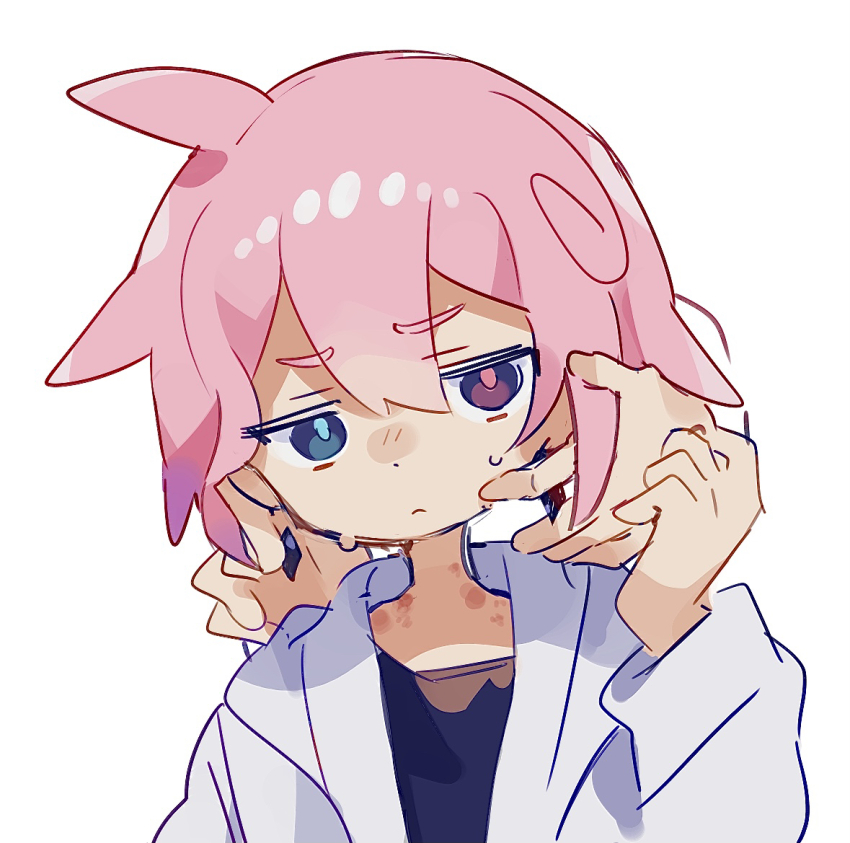 2boys ahoge black_shirt blue_eyes commentary_request dot_nose ear_ornament ear_piercing earrings frown furrowed_brow hair_between_eyes heterochromia hickey hickey_marks hickeys hickeys_on_neck hood hood_down hoodie jewelry jitome long_sleeves multiple_boys original piercing pink_eyes pink_hair raito-kun_(uenomigi) shirt short_hair simple_background sweatdrop trap uenomigi white_background white_hoodie