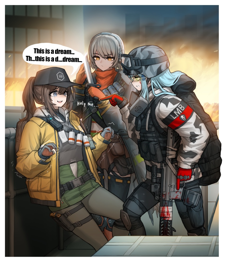 3girls absurdres acog assault_rifle bandolier belt camouflage cheogtanbyeong cleaners combat_knife commentary dier_(girls&#039;_frontline) dima_(girls&#039;_frontline) duct_tape english_text explosive gas_mask genderswap genderswap_(mtf) girls&#039;_frontline gloves goggles goggles_on_headwear grenade gun h&amp;k_hk416 helmet highres hk416_(fang)_(girls&#039;_frontline) hk416_(girls&#039;_frontline) knife last_man_battalion mask mask_around_neck multiple_girls pointing respirator rifle rogue_division_agent scope snow_camouflage speech_bubble tactical_clothes thighhighs tom_clancy&#039;s_the_division trigger_discipline vector_(girls&#039;_frontline) vector_(hellfire)_(girls&#039;_frontline) weapon winter_uniform