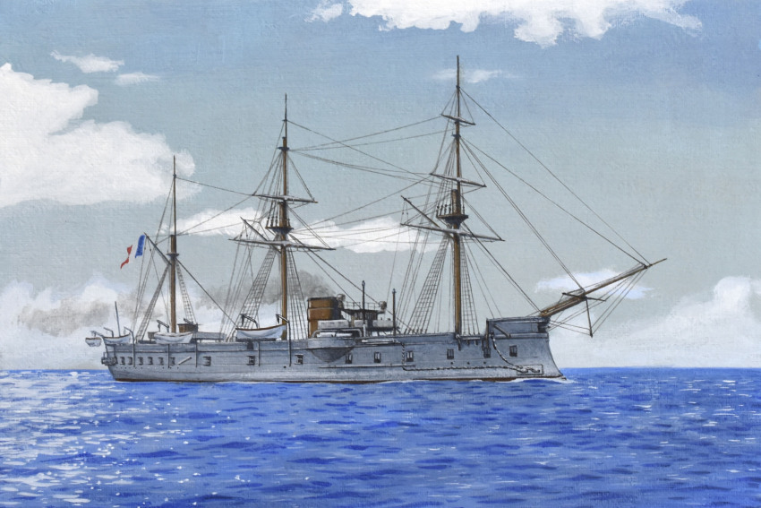 acrylic_paint_(medium) atelier_bono french_flag french_navy friedland_(ironclad) highres mast military_vehicle no_humans ocean original painting_(medium) ship sky smokestack traditional_media vehicle_focus warship watercraft