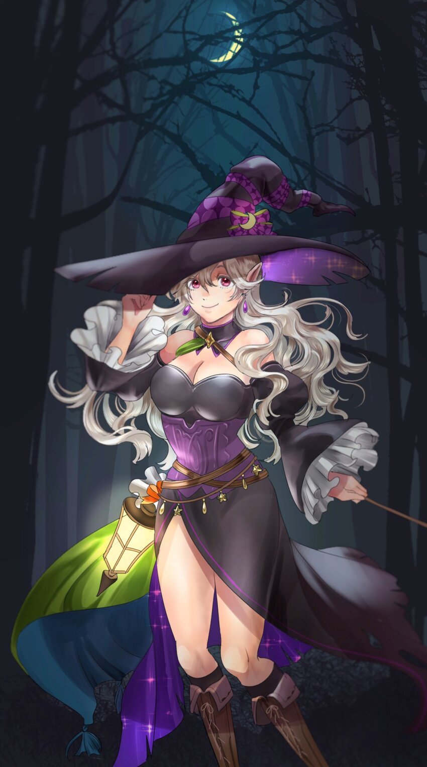 1girl bavaa black_dress breasts cleavage corrin_(female)_(fire_emblem) corrin_(female)_(halloween)_(fire_emblem) crescent crescent_hat_ornament crossed_belts dress earrings fire_emblem fire_emblem_fates fire_emblem_heroes green_sash grey_hair halloween halloween_costume hat hat_ornament highres jewelry lantern large_breasts long_hair looking_at_viewer nintendo off-shoulder_dress off_shoulder official_alternate_costume pointy_ears red_eyes sash smile witch witch_hat