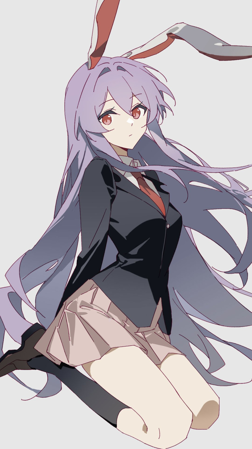 1girl animal_ears black_jacket black_socks blazer collared_shirt full_body highres jacket kneeling loafers long_hair long_sleeves necktie pleated_skirt purple_hair rabbit_ears red_necktie reisen_udongein_inaba shirt shoes simple_background skirt socks solo touhou very_long_hair white_background wuliwuli909