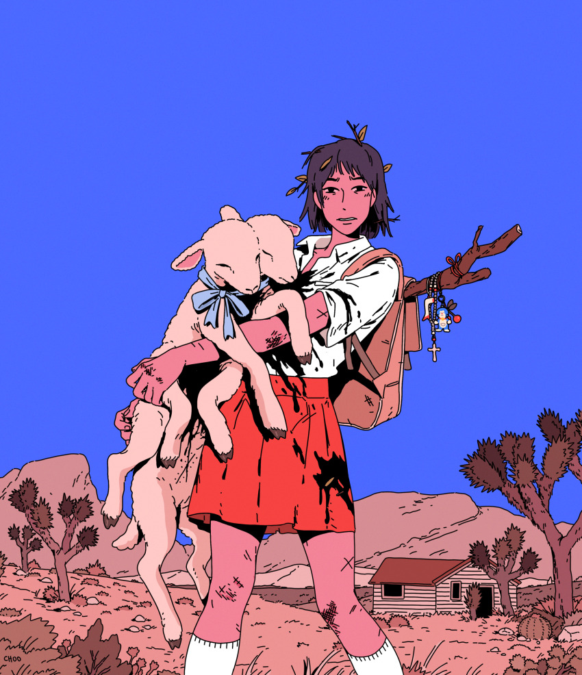 1girl animal baby_animal backpack bag black_eyes black_hair blue_bow blue_ribbon blue_sky bow branch brown_hair cactus character_charm charm_(object) choo christianity color_contrast commentary cross dark-skinned_female dark_skin day desert doraemon_(character) frown highres holding holding_animal house lamb leaf looking_at_viewer messy_hair mountainous_horizon multiple_heads neck_ribbon open_mouth original outdoors pleated_skirt red_skirt ribbon rosary school_uniform scrape scraped_knee sheep shirt short_hair short_sleeves skirt sky socks solo standing symbol-only_commentary tree twig white_shirt white_socks