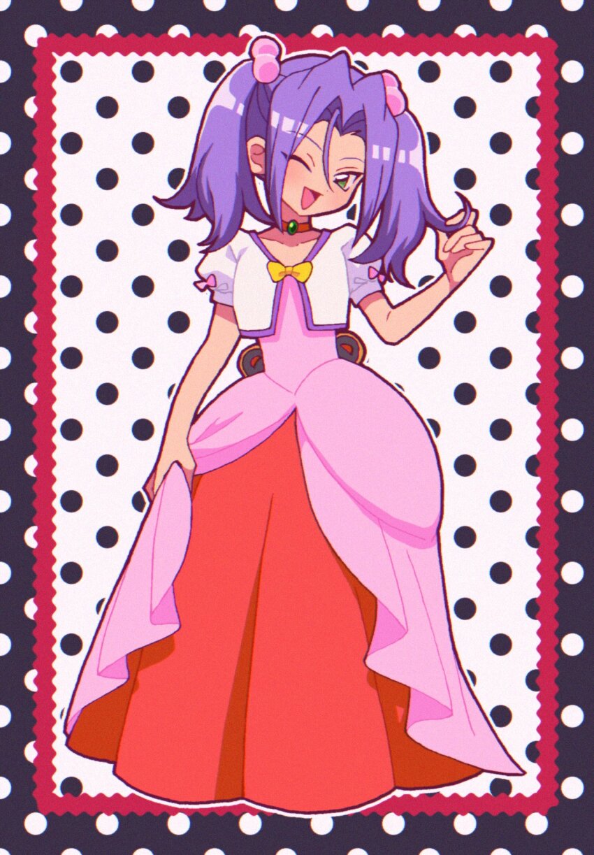 1boy blush crossdressing crossdressing_(mtf) dots dress green_eyes highres james_(pokemon) macchiromomomo nintendo one_eye_closed open_mouth pink_dress pokemon pokemon_(anime) pokemon_(classic_anime) purple_hair red_dress ribbon short_twintails team_rocket trap twintails yellow_ribbon