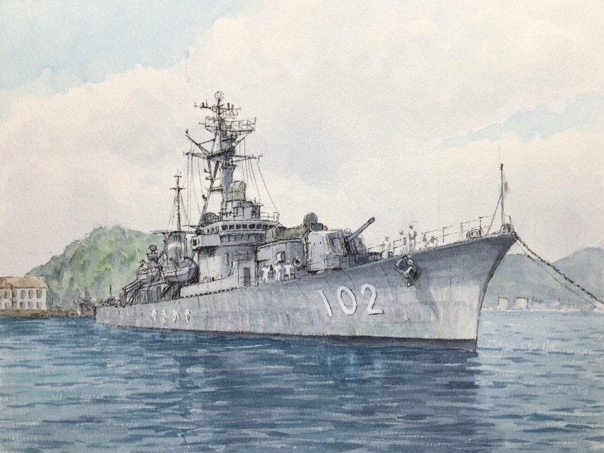 6+boys anchor atelier_bono blue_sky cannon cloud commentary_request destroyer highres japan_maritime_self-defense_force japan_self-defense_force japanese_flag jds_yukikaze_(dd-102) mast military military_uniform military_vehicle multiple_boys naval_uniform naval_working_uniform ocean original outdoors painting_(medium) ship ship_turret sky smokestack traditional_media vehicle_focus warship watercolor_(medium) watercraft
