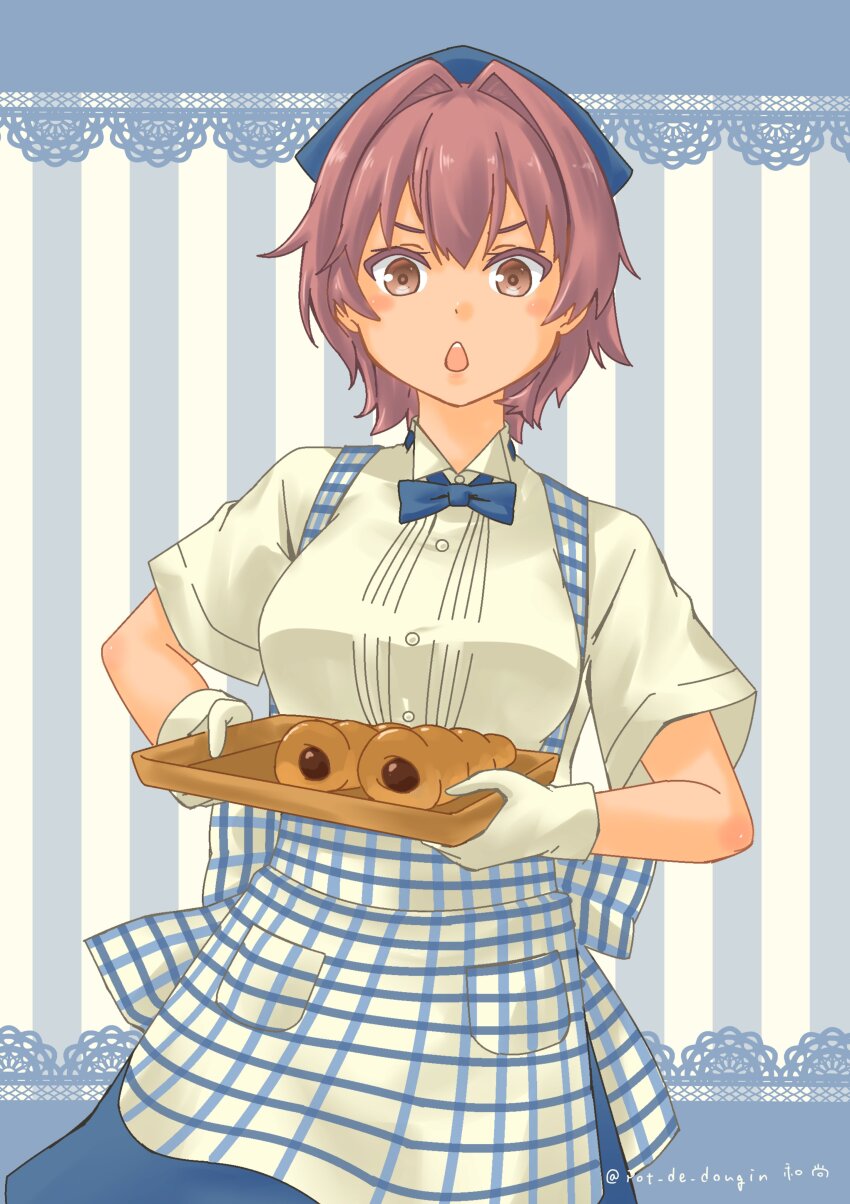 1girl absurdres apron bakery blue_apron blue_background blue_bow blue_bowtie blue_skirt blush bow bowtie bread breasts checkered_apron checkered_clothes chocolate_cornet cowboy_shot employee_uniform food gingham gingham_apron gingham_skirt headscarf high-waist_skirt highres kantai_collection kinu_(kancolle) kobeya_uniform long_skirt looking_at_viewer medium_breasts open_mouth pastry plaid_apron plaid_clothes pleated_shirt pot-de red_hair shop short_hair short_sleeves skirt smile solo striped_background waitress