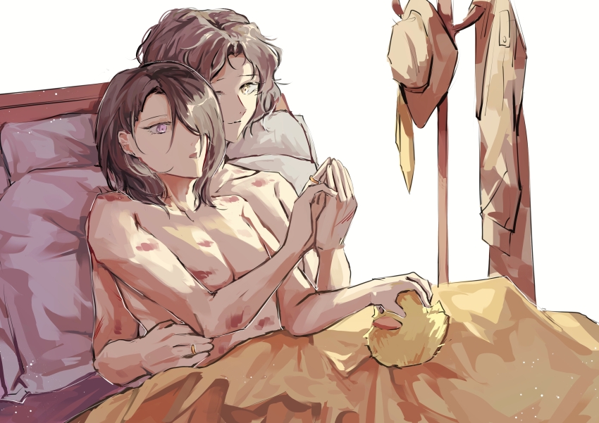 2boys absurdres bite_mark bite_mark_on_arm bite_mark_on_chest bite_mark_on_shoulder black_hair brown_coat brown_hat chinese_commentary closed_mouth clothes_hanger coat commentary_request couple cowboy_shot danganronpa_(series) danganronpa_another gold_ring grey_hair hair_over_one_eye hand_on_another&#039;s_hip hand_on_hand hat hickey highres husband_and_husband jewelry light_particles light_smile looking_at_another looking_at_hand male_focus medium_hair multiple_boys on_bed open_mouth pectorals pillow purple_eyes ring rubber_duck sannoji_mikado sannoji_mikado_(real) setsuna_reed short_hair sitting sitting_on_lap sitting_on_person spoilers super_danganronpa_another_2 topless_male trench_coat under_covers unworn_coat unworn_hat unworn_headwear wedding_ring white_background yaoi yellow_eyes yomiuri_nikei