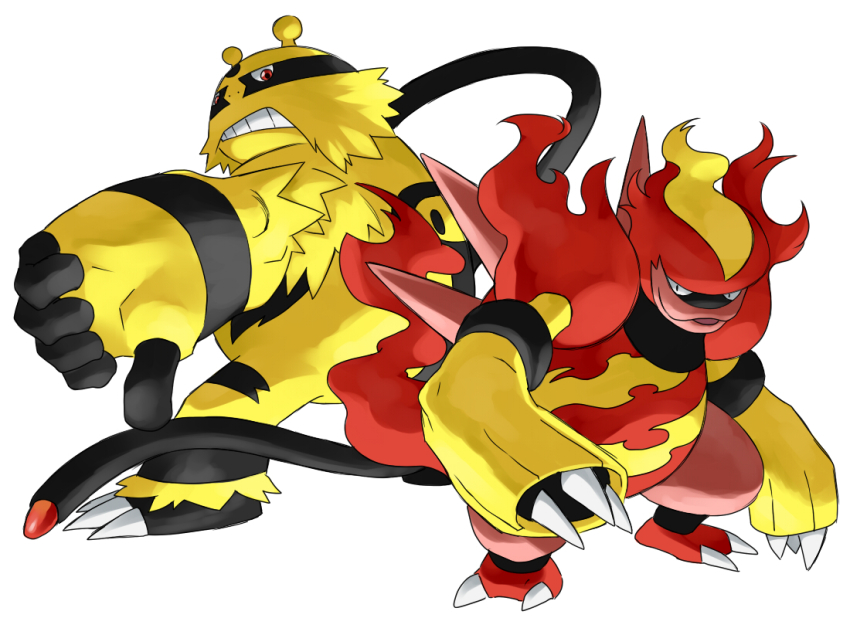black_fur claws electivire gen_4_pokemon good_frog magmortar nintendo no_humans pokemon pokemon_(creature) simple_background two-tone_fur white_background yellow_fur
