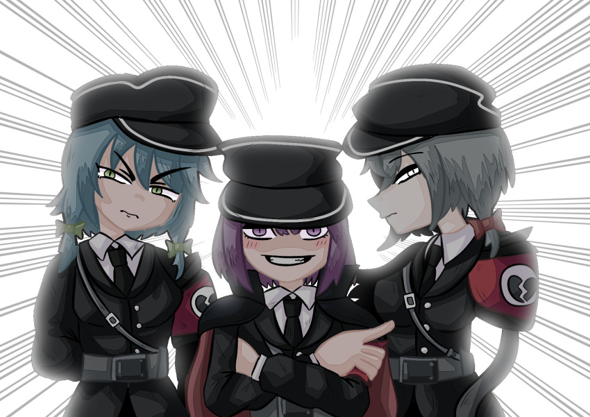 3girls armband black_headwear black_jacket black_necktie blue_hair blush bow broken_heart_print closed_mouth commentary_request cookie_(touhou) crossed_arms ein_(cookie) emphasis_lines frown geru_futota green_bow green_eyes grey_hair grin hair_bow hat highres izayoi_sakuya jacket looking_at_viewer military_hat military_uniform multiple_girls necktie peaked_cap purple_eyes purple_hair red_bow remilia_scarlet short_hair smile sznkrs touhou upper_body v-shaped_eyebrows white_background white_eyes zwei_(cookie)