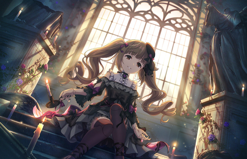 1girl black_dress bow brown_eyes brown_hair candle center_frills doll_joints dress flower frills game_cg idolmaster idolmaster_cinderella_girls idolmaster_cinderella_girls_starlight_stage joints minihat nail_polish official_art sitting smile solo stairs statue sunlight thighhighs twintails window yorita_yoshino