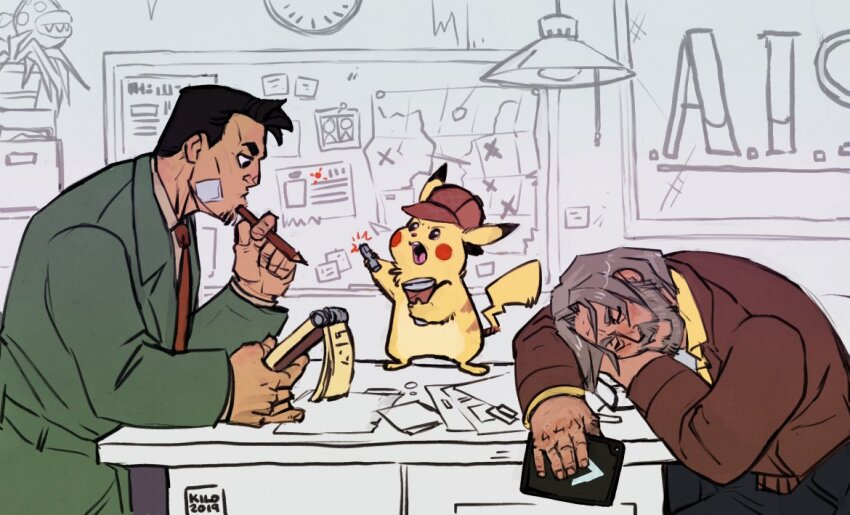 2019 2boys ace_attorney artist_name ash_g. bandage_on_face bandages beard black_hair black_pants blue_pants brown_headwear brown_jacket brown_shirt clothed_pokemon coat commentary crossover cup desk detective detective_pikachu_(character) detective_pikachu_(series) detroit:_become_human dick_gumshoe english_commentary facial_hair gen_1_pokemon green_coat grey_hair hank_anderson hat holding holding_cup holding_notepad holding_pencil holding_tablet_pc jacket laser laser_pointer laser_pointer_projection male_focus mario_(series) multiple_boys multiple_crossover necktie newsboy_cap nintendo notepad on_table open_mouth pants pencil pikachu piranha_plant pokemon red_necktie resting shirt sitting sleeping sleeping_on_desk standing stubble table tablet_pc trait_connection yellow_fur yellow_shirt