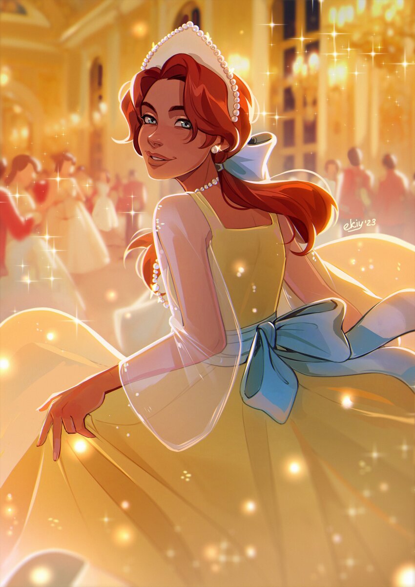 1girl absurdres anastasia_(1997) anya_(anastasia) blue_bow blue_eyes bow chandelier crown dress earrings ekikeki hair_bow hashtag-only_commentary highres indoors jewelry looking_back necklace pearl_necklace people ponytail red_hair see-through_clothes see-through_sleeves signature skirt_hold smile sparkle yellow_dress