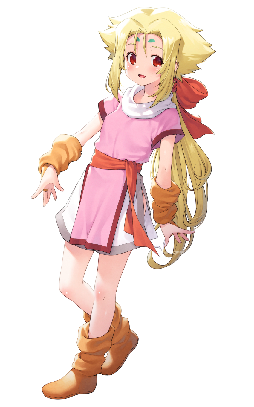 1girl absurdres arm_warmers blonde_hair boots brown_boots commentary_request fiona_(zoids) hair_ribbon highres kazuma_muramasa long_hair looking_at_viewer pink_shirt red_eyes red_ribbon ribbon shirt short_sleeves simple_background solo standing white_background zoids