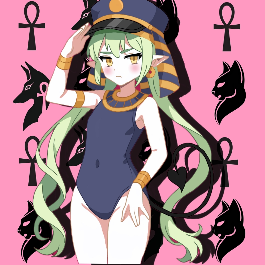 1girl absurdres ancient_egyptian ancient_egyptian_clothes ankh artistic_error blue_archive blue_hat blue_one-piece_swimsuit blush closed_mouth cowboy_shot demon_tail dot_nose earrings green_hair hat highres hikari_(blue_archive) jewelry long_hair non-web_source one-piece_swimsuit pink_background pointy_ears salute school_swimsuit solo swimsuit tail very_long_hair yellow_eyes
