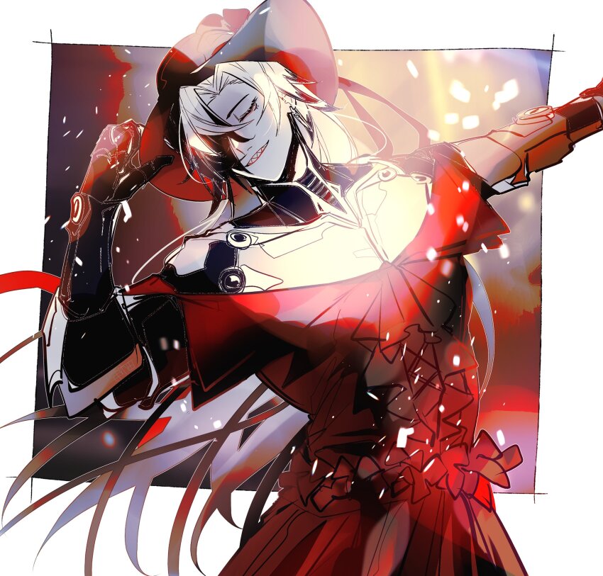 1boy boothill_(honkai:_star_rail) closed_eyes commentary cowboy_hat crossdressing cyborg dress english_commentary hair_over_one_eye hat highres honkai:_star_rail honkai_(series) long_hair male_focus red_dress sharp_teeth solo teeth u_5ham0 upper_body