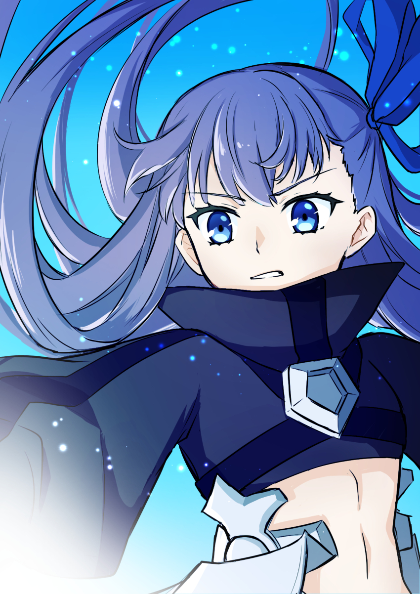 1girl blue_background blue_eyes commentary_request cropped_jacket fate/extra fate/extra_ccc fate_(series) flat_chest hair_ribbon highres long_hair meltryllis_(fate) midriff purple_hair ribbon solo torinonest upper_body v-shaped_eyebrows