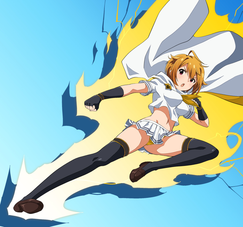 ahoge amulet asanaya aura black_gloves black_thighhighs blonde_hair breasts cloak crop_top fingerless_gloves flying_kick gloves highres ibuki_tsubasa idol_heroes_(idolmaster) idolmaster idolmaster_million_live! idolmaster_million_live!_theater_days kicking large_breasts loafers mighty_sailor miniskirt navel neckerchief open_mouth panties pleated_skirt red_eyes school_uniform serafuku shirt shoes short_hair skirt thighhighs underwear white_cloak white_shirt white_skirt yellow_aura yellow_neckerchief yellow_panties zettai_ryouiki