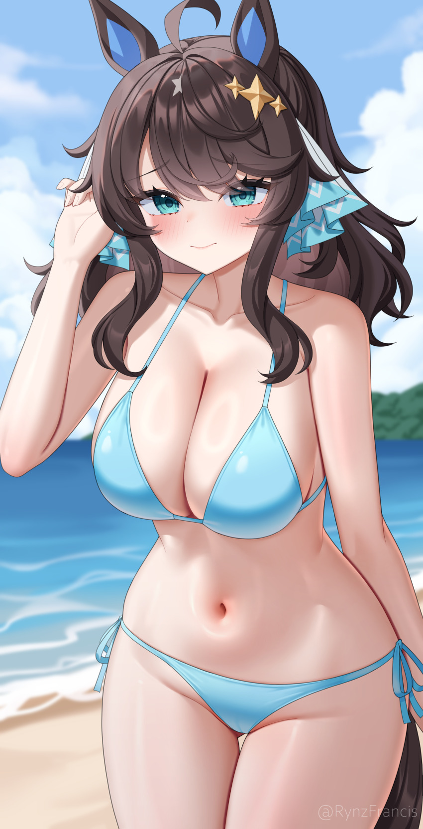 1girl absurdres ahoge animal_ears beach bikini black_hair blue_bikini blue_eyes blue_sky blush breasts closed_mouth cloud cloudy_sky commission daring_tact_(umamusume) day hair_ornament highres horse_ears horse_girl horse_tail large_breasts long_hair looking_at_viewer navel outdoors pixiv_commission rynzfrancis side-tie_bikini_bottom sky solo stomach swimsuit tail umamusume
