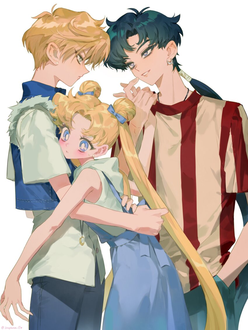3girls androgynous bishoujo_senshi_sailor_moon blonde_hair blue_dress blue_eyes blue_vest blush bow crescent denim double_bun dress earrings fur-trimmed_vest fur_trim girl_sandwich green_hair hair_bow hair_bun hand_grab hand_in_pocket highres hood hoodie hug inuyama_(inuhill) jealous jewelry long_hair love_triangle multiple_girls ponytail red_shirt reverse_trap sandwiched seiya_kou shirt short_hair simple_background sleeveless sleeveless_hoodie striped_clothes striped_shirt ten&#039;ou_haruka tsukino_usagi vertical-striped_clothes vertical-striped_shirt very_long_hair vest white_background white_shirt yuri