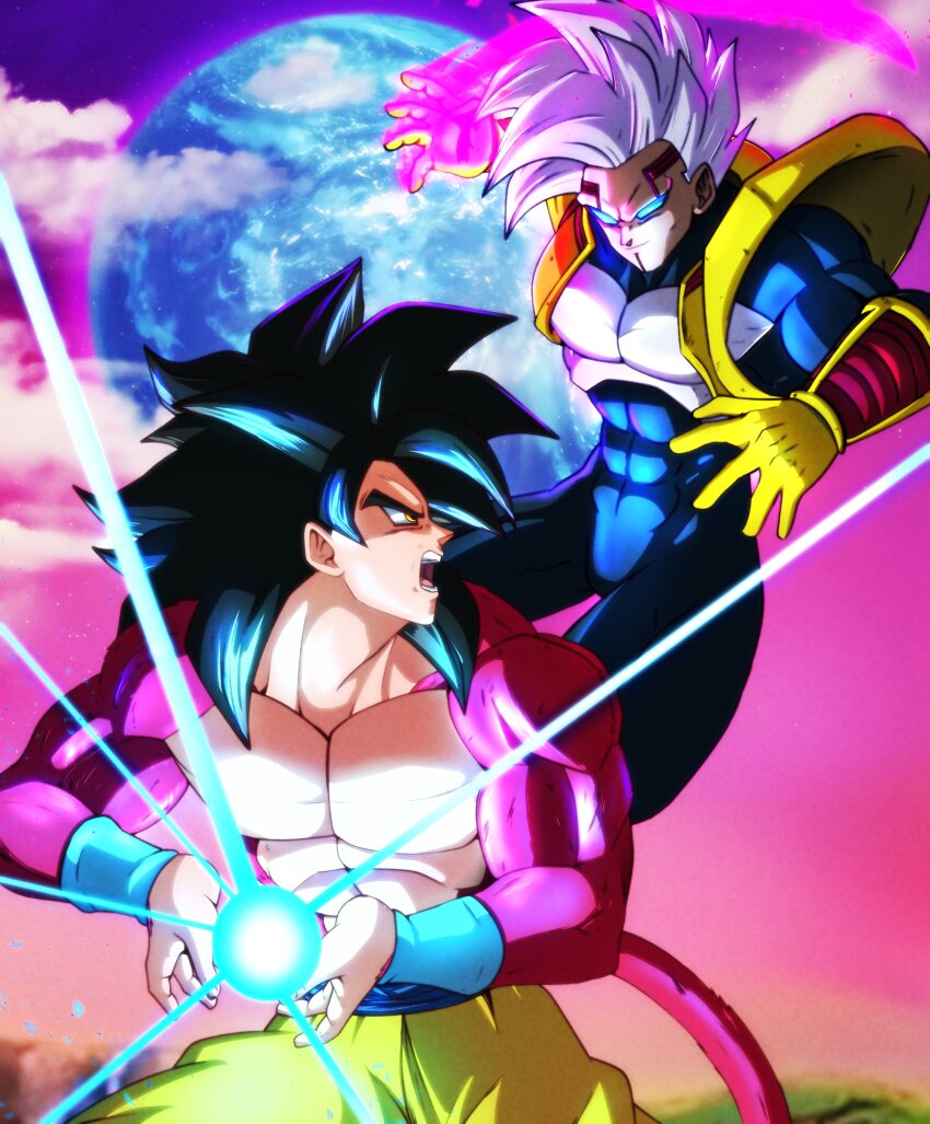 absurdres baby_vegeta powering_up dragon_ball dragon_ball_gt earth_(planet) fighting highres kamehameha_(dragon_ball) ki_blast planet red_fur son_goku super_saiyan super_saiyan_4 tagme