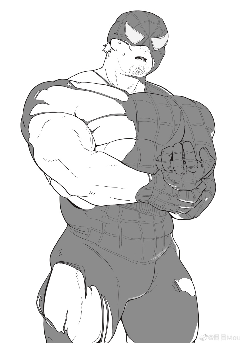 1boy absurdres bara black_bodysuit bodysuit bulge facial_hair feet_out_of_frame goatee_stubble greyscale highres large_pectorals male_focus marvel mature_male me-me_(mouact2) monochrome muscular muscular_male original pectorals short_hair solo spider-man spider-man_(series) strongman_waist stubble sweat thick_thighs thighs torn_bodysuit torn_clothes