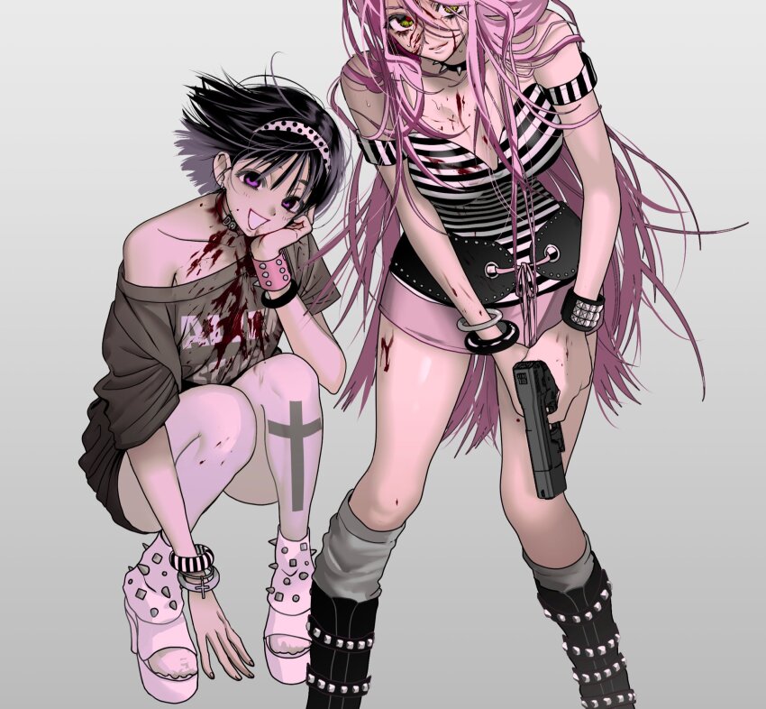 2girls alien_stage alternate_costume black_hair blood blood_on_chest blood_on_face bracelet choker closed_mouth clothing_request commentary cross_tattoo green_eyes grey_shirt gun hairband head_on_hand highres holding holding_gun holding_weapon jewelry leg_tattoo leg_warmers long_hair michi_(hnkn_michi) miniskirt mizi_(alien_stage) multiple_girls off-shoulder_shirt off_shoulder open_mouth pink_hair pink_skirt polka_dot_hairband red_pupils shirt shoes short_hair skirt smile spiked_choker spiked_shoes spiked_wristband spikes squatting striped_clothes striped_shirt sua_(alien_stage) tattoo very_long_hair weapon white_hairband