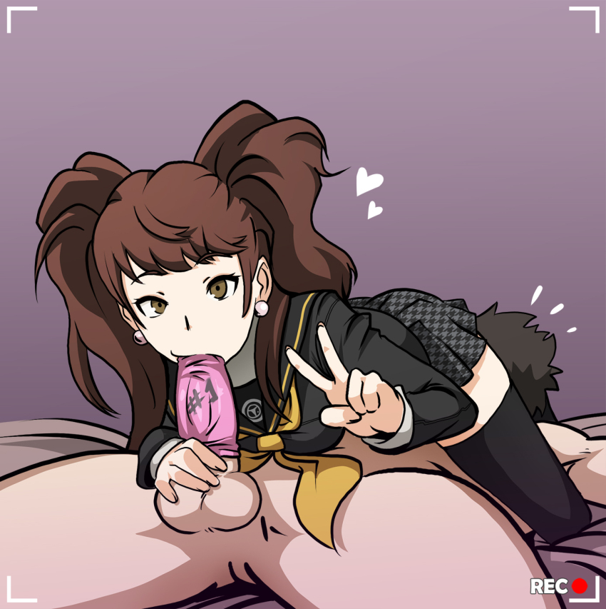 1boy 1girl 69 bed_sheet black_hair black_thighhighs brown_eyes brown_hair clothed_female_nude_male clothed_sex condom condom_on_penis earrings fellatio gradient_background heart highres jewelry kujikawa_rise long_hair looking_at_viewer miniskirt mosbles neckerchief nude oral penis persona persona_4 pink_background pleated_skirt print_skirt purple_background recording school_uniform sex sitting sitting_on_face sitting_on_person skirt solo_focus sphere_earrings testicles thighhighs twintails v viewfinder yasogami_school_uniform yellow_neckerchief