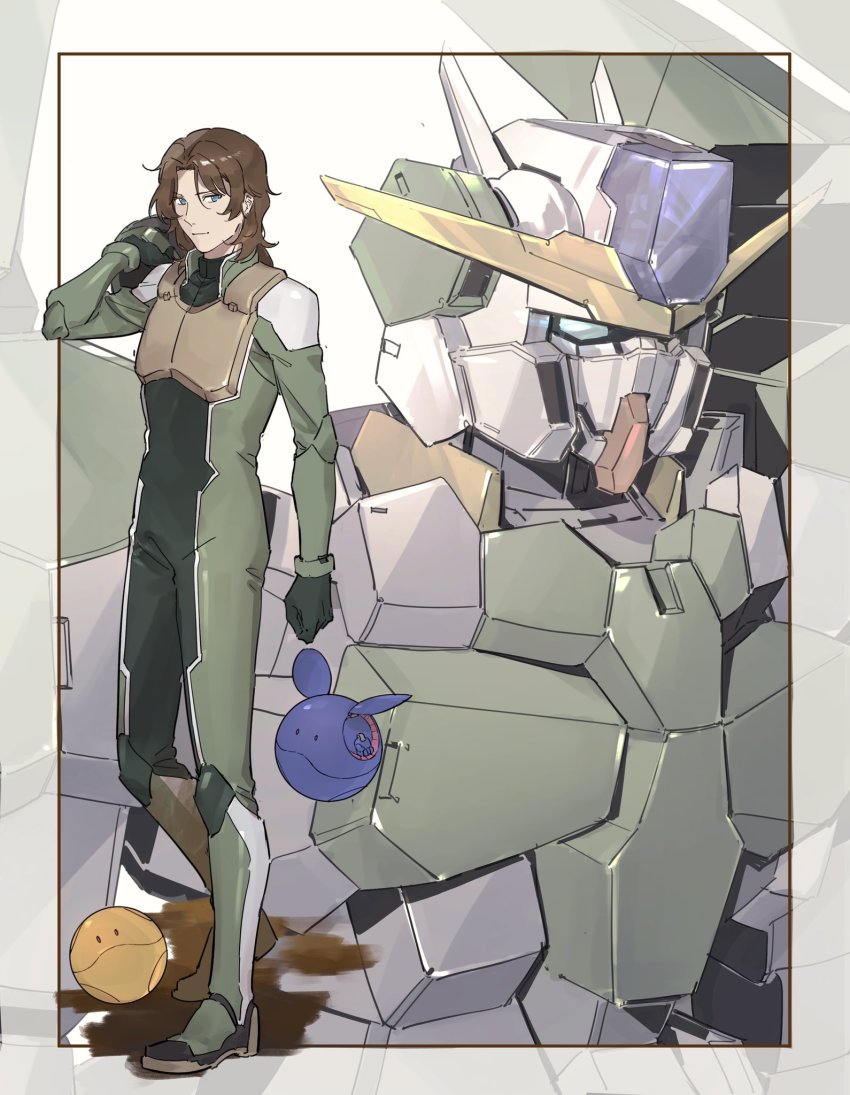 1boy brown_hair green_eyes gundam gundam_00 gundam_00_a_wakening_of_the_trailblazer gundam_zabanya hair_behind_ear haro highres lockon_stratos male_focus mecha mecha_pilot_suit mobile_suit nanao_parakeet normal_suit_(gundam) parted_bangs pilot_suit robot shadow smile upper_body v-fin