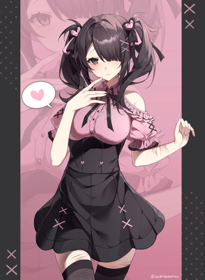 1girl absurdres black_eyes black_hair black_ribbon black_skirt black_thighhighs clothing_cutout commentary hair_ornament hair_over_one_eye heart heart-shaped_pupils heart_hair_ornament high-waist_skirt highres jirai_kei long_hair neck_ribbon needy_girl_overdose pink_shirt ribbon scar scar_on_arm scar_on_leg self-harm self-harm_scar shirt shoulder_cutout skirt solo speech_bubble spoken_heart symbol-only_commentary symbol-shaped_pupils thighhighs twintails uchihasakino x_hair_ornament