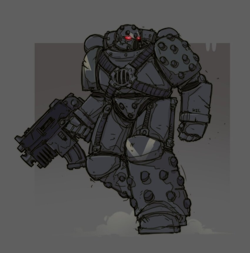 1boy adeptus_astartes armor arrow_(symbol) azazelleviathan bolter clenched_hand glowing glowing_eyes gun helmet looking_to_the_side power_armor solo warhammer_40k weapon