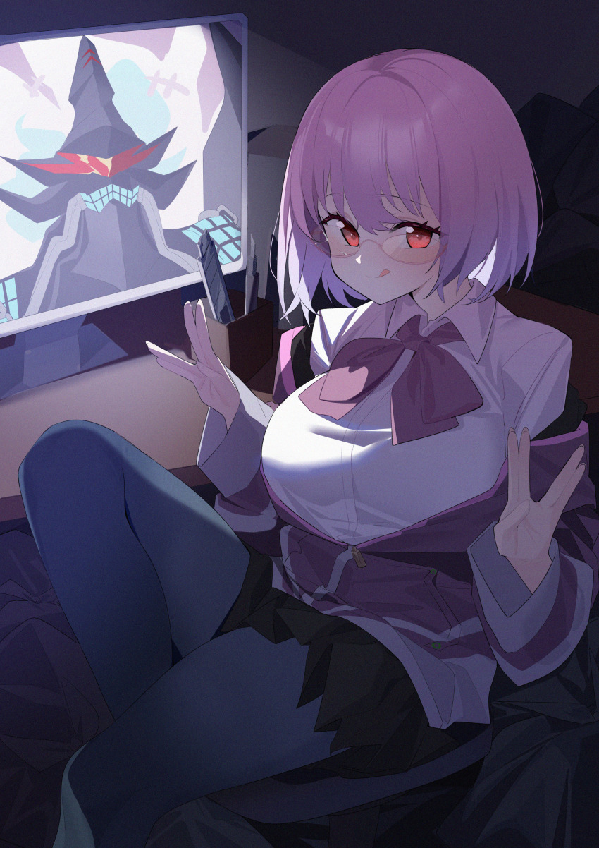 1girl \\// absurdres alexis_kerib black_skirt blue_pantyhose bow bowtie breasts closed_mouth collared_shirt computer glasses gridman_universe highres indoors jacket knee_up large_breasts long_sleeves mecha off_shoulder pantyhose partially_unzipped pleated_skirt purple_bow purple_bowtie purple_hair purple_jacket red_eyes robot shinjou_akane shirt short_hair sitting skirt ssss.gridman tongue tongue_out v wako_(1194433260) white_shirt
