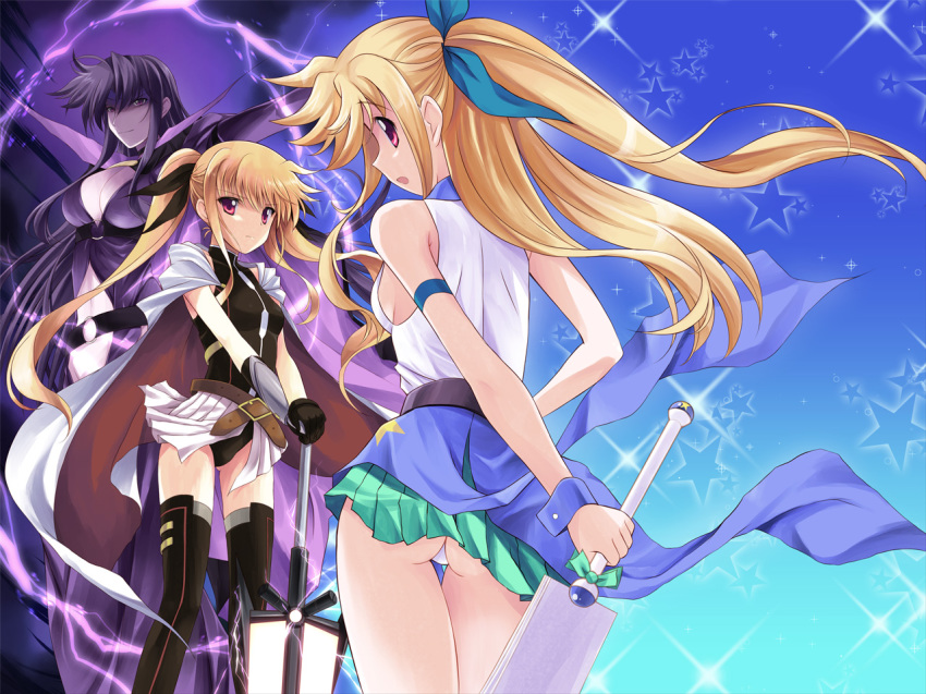 3girls alicia_testarossa bardiche_(nanoha) bardiche_(zanber_form)_(nanoha) blonde_hair blush breasts fate_testarossa fate_testarossa_(blaze_form) fate_testarossa_(lightning_form)_(2nd) hair_ribbon kouzuki_hajime long_hair lyrical_nanoha mahou_shoujo_lyrical_nanoha_innocent multiple_girls open_mouth presea_testarossa red_eyes ribbon skirt small_breasts smile sword umbrella weapon
