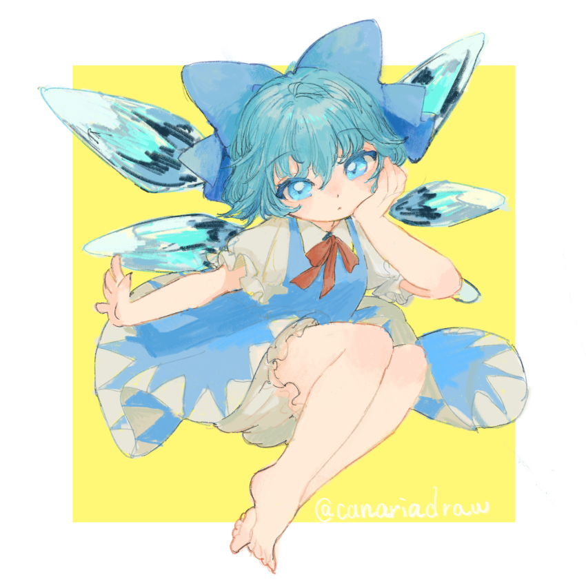 1girl aqua_hair bare_arms bare_legs barefoot bloomers blue_bow blue_dress blue_eyes border bow canariadraw cirno collared_shirt commentary detached_wings dress frilled_sleeves frills full_body hair_bow hand_on_own_cheek hand_on_own_face highres ice ice_wings legs_folded legs_together multiple_wings neck_ribbon outstretched_arm pinafore_dress red_ribbon ribbon shirt short_hair short_sleeves simple_background sleeveless sleeveless_dress solo toes touhou twitter_username underwear white_bloomers white_border white_shirt wings yellow_background