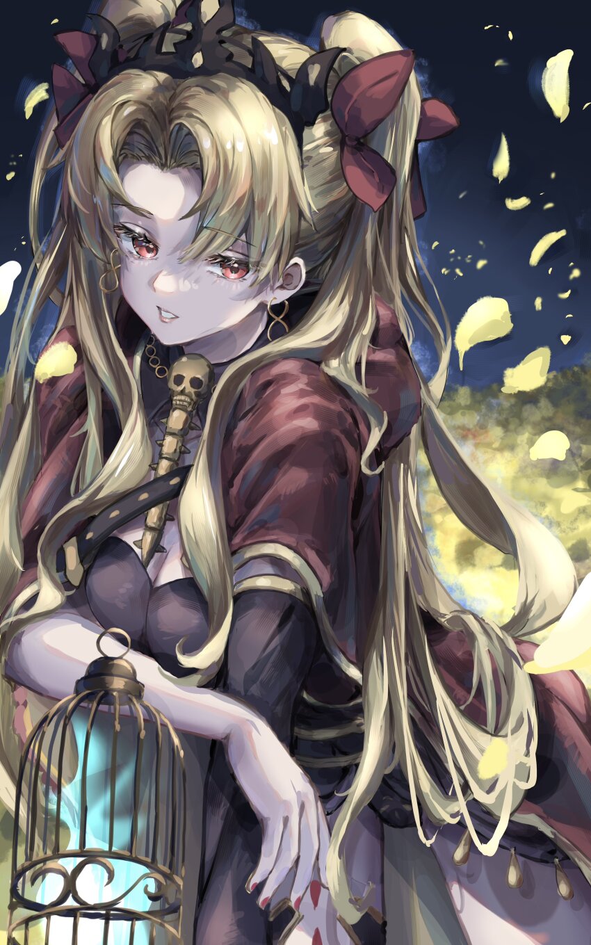 1girl absurdres birdcage blonde_hair blue_fire breasts cage cape commentary_request earrings ereshkigal_(fate) fate/grand_order fate_(series) fingernails fire gold_trim hair_ribbon highres jewelry lips long_hair looking_at_viewer medium_breasts parted_bangs parted_lips petals pink_lips red_cape red_eyes red_nails red_ribbon ribbon solo tiara two_side_up ushiroayu very_long_hair