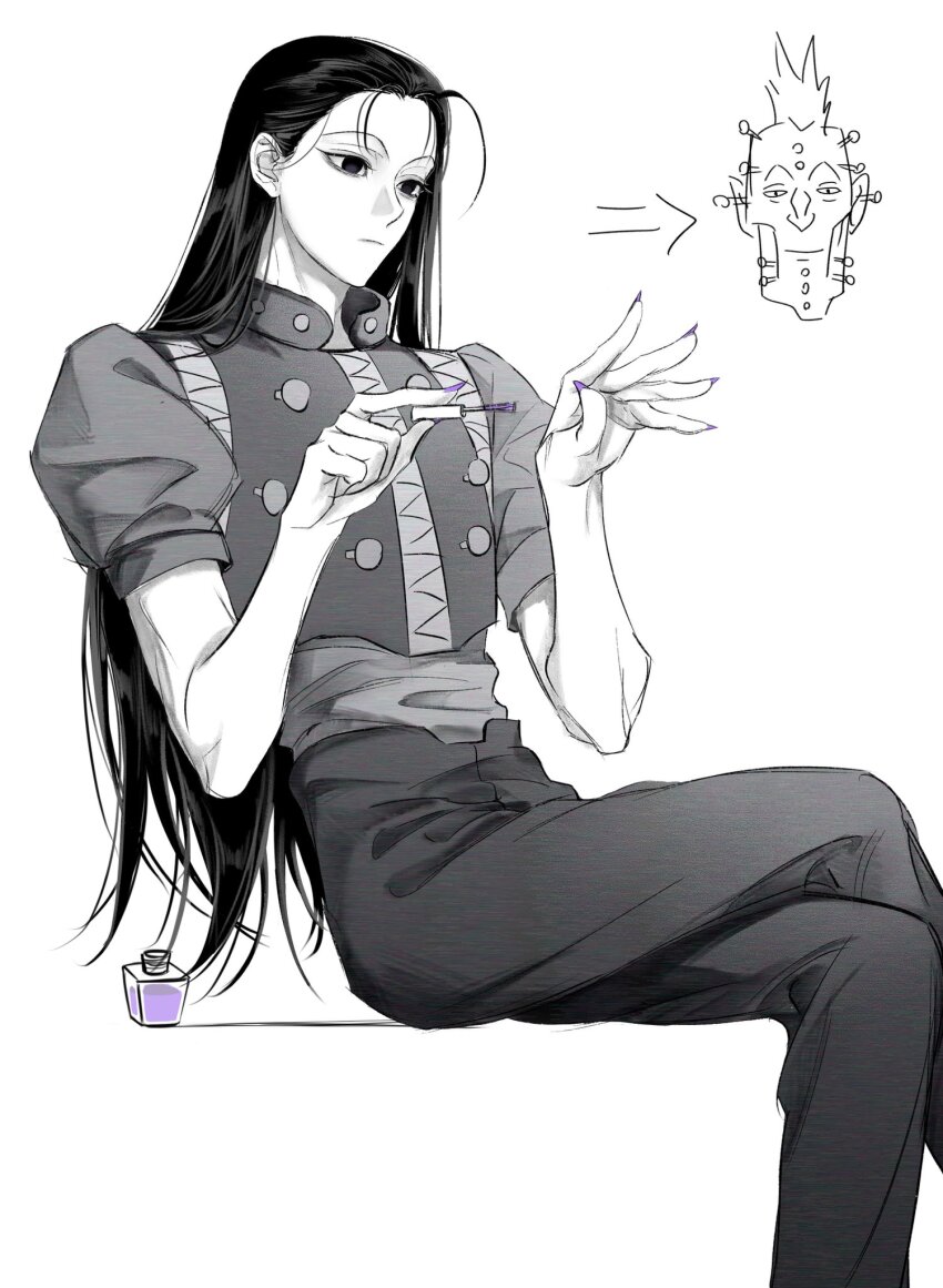 1boy applying_manicure crossed_legs fingernails gittarackur highres hunter_x_hunter illumi_zoldyck jz88 long_hair looking_at_hand monochrome nail_polish painting_nails puffy_sleeves sharp_fingernails sitting trap white_background