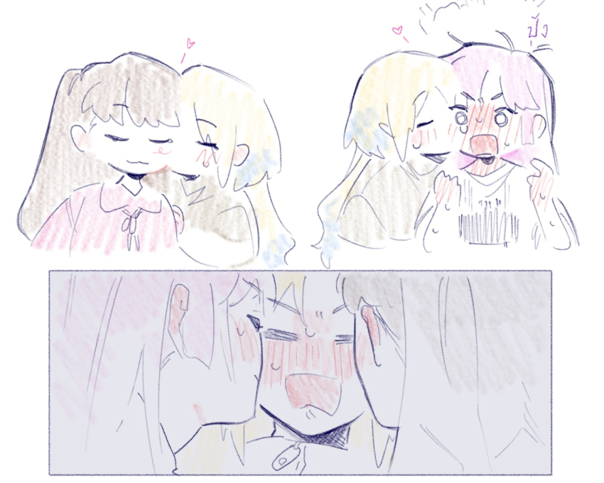 3girls :3 anyoji_hime anyoji_hime_(summer_loungewear) blonde_hair blunt_bangs blush brown_hair brown_shirt closed_eyes commentary cropped_torso dress fujishima_megumi fujishima_megumi_(summer_loungewear) full-face_blush hair_down heart kiss kissing_cheek link!_like!_love_live! long_hair loungewear love_live! mira-cra_park! multiple_girls nose_blush osawa_rurino osawa_rurino_(summer_loungewear) pink_dress pink_hair pipi_(m1x_mix) polyamory shirt sidelocks sweat swept_bangs two_side_up u_u v-shaped_eyebrows virtual_youtuber white_shirt yuri