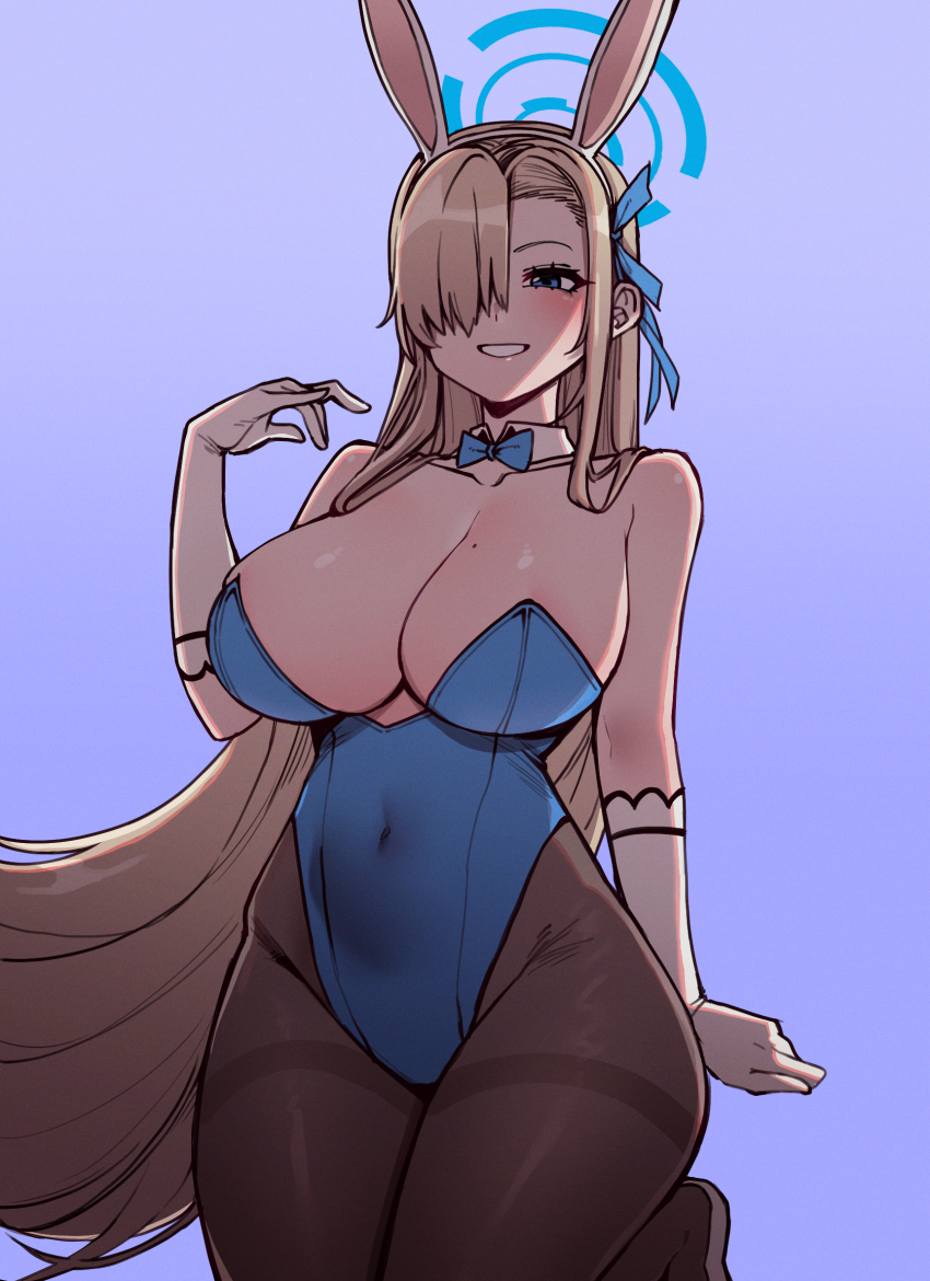 1girl 7a_(se7ena) animal_ear_hairband animal_ears asuna_(blue_archive) asuna_(bunny)_(blue_archive) asymmetrical_bangs bare_shoulders black_pantyhose blonde_hair blue_archive blue_background blue_bow blue_bowtie blue_eyes blue_halo blue_leotard blue_ribbon blush bow bowtie breasts cleavage collar collarbone commentary_request covered_navel cowboy_shot detached_collar elbow_gloves fake_animal_ears gloves gradient_background hair_over_one_eye hair_ribbon hairband halo hand_up highleg highleg_leotard highres large_breasts leotard long_hair looking_at_viewer mole mole_on_breast official_alternate_costume one_eye_covered pantyhose playboy_bunny rabbit_ear_hairband rabbit_ears ribbon smile solo strapless strapless_leotard thighband_pantyhose very_long_hair white_collar white_gloves white_hairband